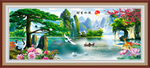 流水生财迎客松山水画