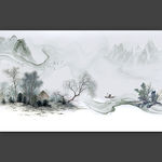 现代简约工笔山水画背景墙布