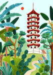 佛塔浮屠公园手绘插画创意装饰画