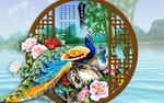孔雀 中式 窗户风景画背景墙