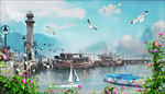 简约手绘油画码头大海停船背景墙