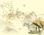 中国风水墨山水玉兰花鸟中式背景