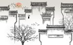 新中式水墨江南徽派建筑背景墙
