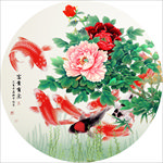 牡丹工笔画富贵有余九鱼图挂画
