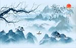 蓝色中式山水画背景墙