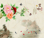 中式花鸟山水电视墙背景