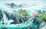 分层水墨山水画