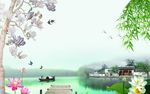清新绿色山水锦绣风景画背景墙
