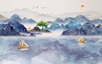 水墨山水帆船电视背景墙
