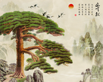 迎客松仙鹤松树大理石中式背景墙