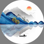 新中式蓝色水墨山水圆形装饰画