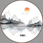 新中式抽象水墨山水圆形装饰画