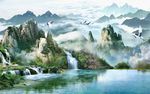 中式山水画山水瀑布风景背景墙壁
