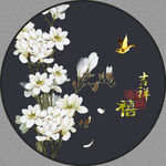 新中式手绘玉兰花鸟圆形装饰画