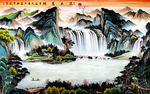 山水流水生财瀑布背景墙壁画
