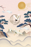 中国风国潮闲云野鹤松树插画元素
