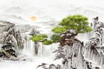 新中式水墨山水迎客松背景墙