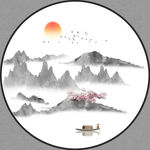 新中式抽象水墨山水圆形装饰画