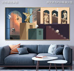 3D几何建筑莫兰迪色现代油画