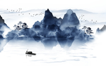 新中式抽象山水倒影小舟飞鸟背景
