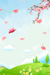 春花纷飞绿草地背景