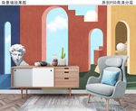 莫兰迪色几何建筑装饰画背景墙