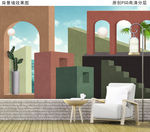 莫兰迪色几何建筑装饰画背景墙