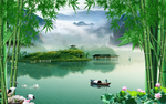 流水生财竹子荷花山水亭子背景