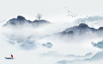 蓝色无框山水画 tif分层