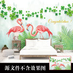 简约小清新植物火烈鸟背景墙