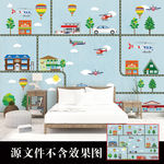 手绘城市交通儿童房背景墙