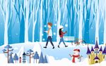 浪漫雪景手绘插画向左向背景墙