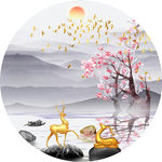 新中式麋鹿山水圆形晶瓷画装饰画