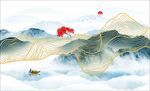 中式水墨线条 金线山水 山水画