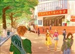 手绘广东财经大学校园素材
