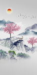 国画山水桃花树玄关背景墙