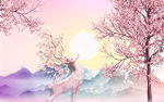 唯美梅花鹿山水电视背景墙