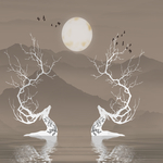 麋鹿 山水画 月亮 大雁