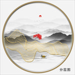 金线山水圆形水墨画