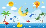 卡通儿童夏日蓝天海边背景墙