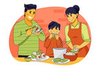 全家包粽子吃粽子插画