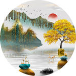 石来运转麋鹿山水圆形晶瓷装饰画
