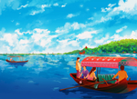 武汉东湖手绘美景绿水晴空素材