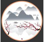 圆形梅花意境水墨山水装饰矢量图