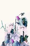 蝴蝶 莲花 山水画 数码 手绘