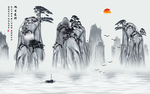 水墨山水小船松树背景墙