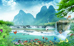 风景画流水生财背景墙