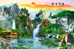 迎客松流水生财挂画装饰画