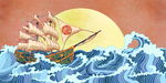 卡通帆船海浪
