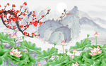 荷花国画电视背景墙